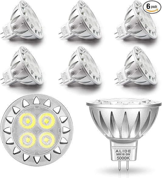 ALIDE 5W MR16 5000K Daylight White Led Bulbs GU5.3, MR16 20W 50 Watt Halogen Replacement, 12V Low Voltage Light Bulb for Accent Outdoor Landscape Track Lighting,Not Dimmable,500lm,38 Deg,6 Pack