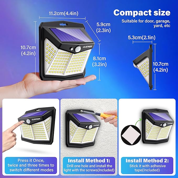 CLAONER Solar Lights Outdoor, [128 LED/8 Packs] Solar Motion Lights 3 Working Modes Wall Lights with 270°Wide Angle Wireless IP65 Waterproof Motion Sensor Outdoor Deck Light, Cold White