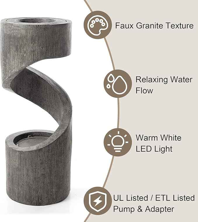 Glitzhome Outdoor Water Fountain with LED Light, Spiral Outdoor Fountain Waterfall with Stone Planter, Modern Curved Freestanding Fountain Water Feature for Garden Patio Backyard, 31.3" H