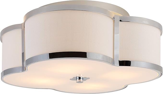 JONATHAN Y 13" Chrome Modern Scalloped LED Flush Mount Ceiling Light Fixture, White Linen Shade Quatrefoil Chandelier for Bedroom Living Room Kitchen Hallway Foyer (JYL9508A)