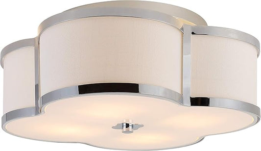 JONATHAN Y 13" Chrome Modern Scalloped LED Flush Mount Ceiling Light Fixture, White Linen Shade Quatrefoil Chandelier for Bedroom Living Room Kitchen Hallway Foyer (JYL9508A)