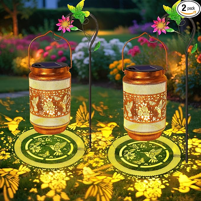 2 Pack Hummingbird Solar Lanterns Outdoor Waterproof Solar Garden Decor, Birthday Gifts for Christmas Women Mom Grandma, Metal Hanging Lights with Shepherd Hook for Yard Patio Pathway Backyard Porch - Aura Lighting