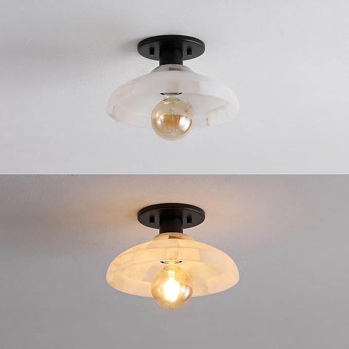 JONATHAN Y 10" Black/White Modern LED Semi Flush Mount Ceiling Fixture, Alabaster Shade for Hallway Bedroom Foyer, Mid-Century Dimmable Lamp, Edison LED Bulb Included (JYL1207B)