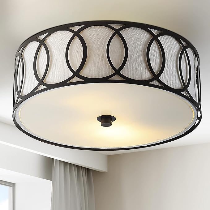 JONATHAN Y 12.25" Oil Rubbed Bronze Modern Metal LED Flush Mount Ceiling Light for Bedroom Hallway, White Linen Drum Shade with Geometric Fretwork, LED Bulbs Included (JYL3502C)