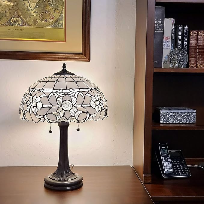 Tiffany Style Table Lamp Banker 22" Tall Stained Glass White Grey Mahogany Floral Flower Elegant Vintage Light Décor Bedside Living Room Bedroom Handmade Gift AM316TL16B Amora Lighting