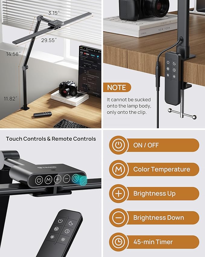 TROND LED Desk Lamp with Clamp, 29.55'' Tall Desk Light with Remote, 1500LM Bright Table Lamp, Swing Arm Clip on Light, Eye-Caring, Touch Control Dimmable for Home Office Monitor Reading Study Task - Aura Lighting