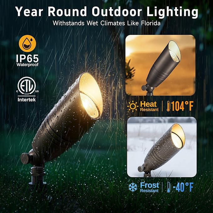 Gardenreet Low Voltage Spot Lights - Solid Brass Landscape Spotlight Wired, 12V Outdoor LED Bullet Uplights, Waterproof Electric Bronze for Patio Wall with 4000K Bright White MR16 Bulb (6 Pack) - Aura Lighting