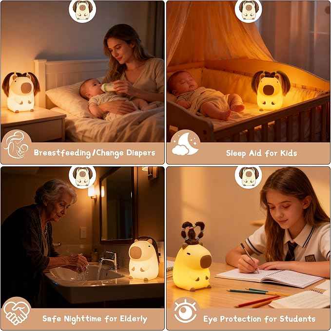 Cute Capybara Night Light with DIY Hairstyle ,Squishy Silicone Lamp, Nursery Nightlight for Kids, Rechargeable Touch Bedside Lamp, Bedroom Decor, Baby Boys Girls,White Elephant Gifts,Funny Xmas Gifts