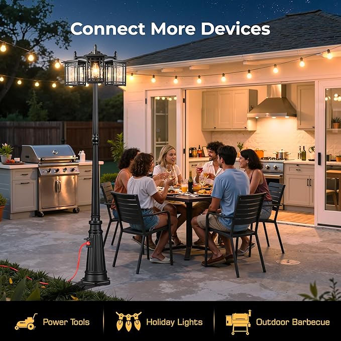 Outdoor Lamp Post Light Fixture, Black Dusk to Dawn Lamp Posts with Outlet, 3-Head Street Lamps Outdoor Lighting, Waterproof Outside Post Lights Hardwired, Anti-Rust Outside Pole Light for Yard