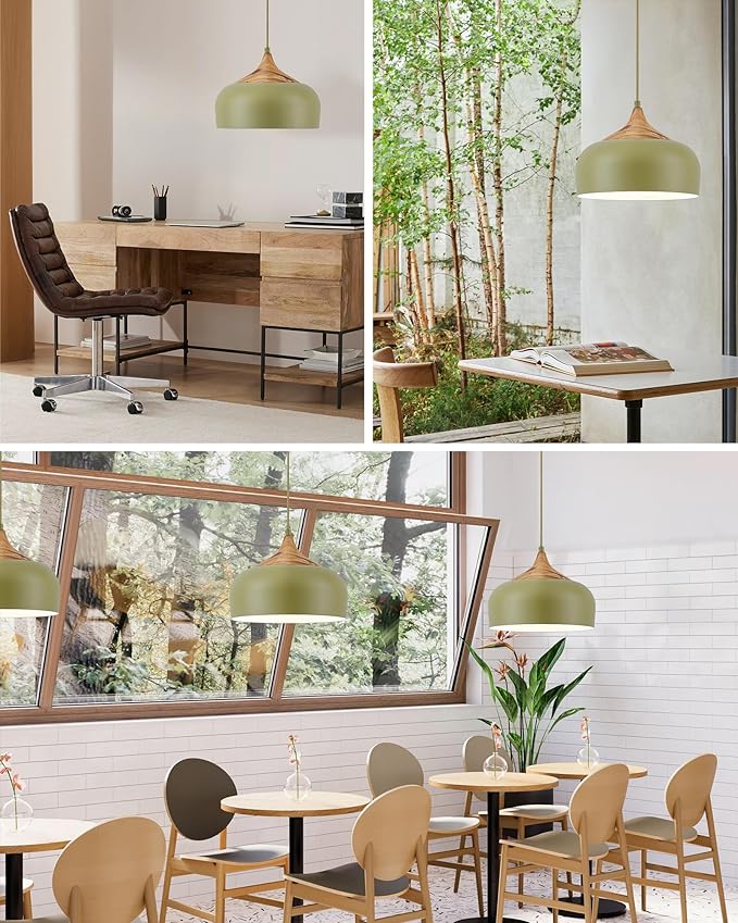 ELYONA Vintage Pendant Light Fixtures with Faux Pine Wood Grain, 12 Inch Adjustable Hanging Light Moss Green Metal Shade, Mid Century Modern Nordic Pendant Lamp for Kitchen Island Dining Room Bedroom