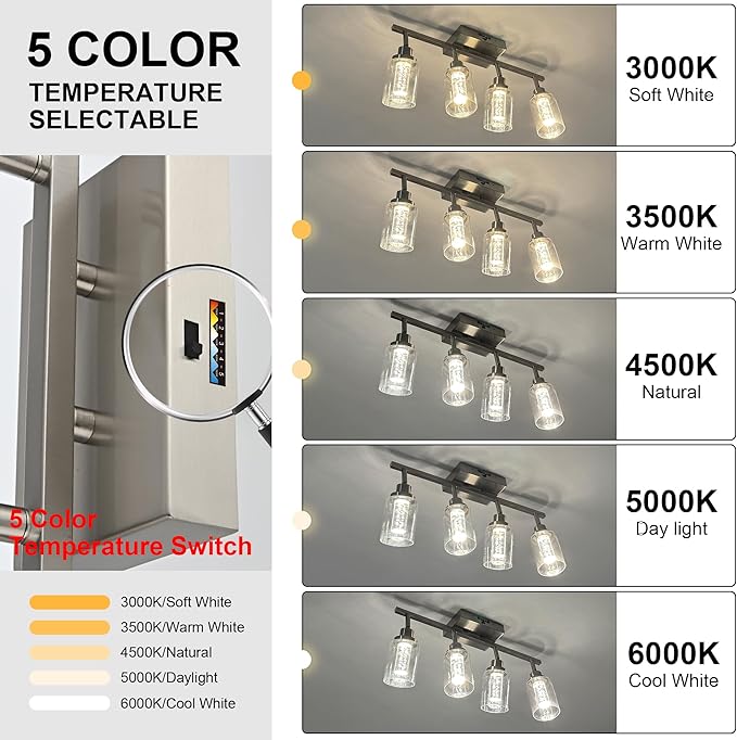 MELUCEE 5-Color 4 Light Brushed Nickel LED Track Lighting Fixtures Ceiling for Kitchen, Dimmable Track Lighting Kit, Adjustable Directional Spot Lights Indoor Wall Lamp, Built-in LED Chips - Aura Lighting