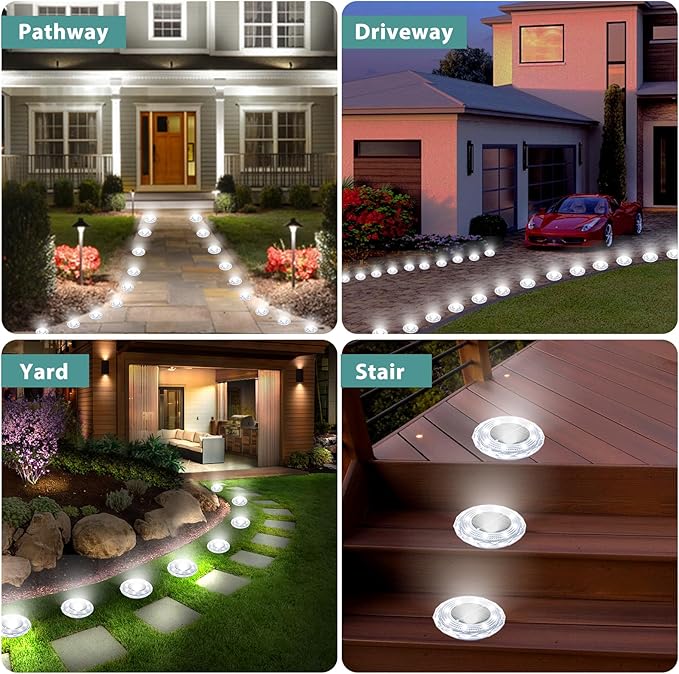 Solar Ground Lights 8 Pack Waterproof Outdoor Solar Lights for Yard Led Solar Garden Lights Bright Solar Powered Disc Light In-Ground Landscape Lighting for Patio Pathway Walkway Driveway, White