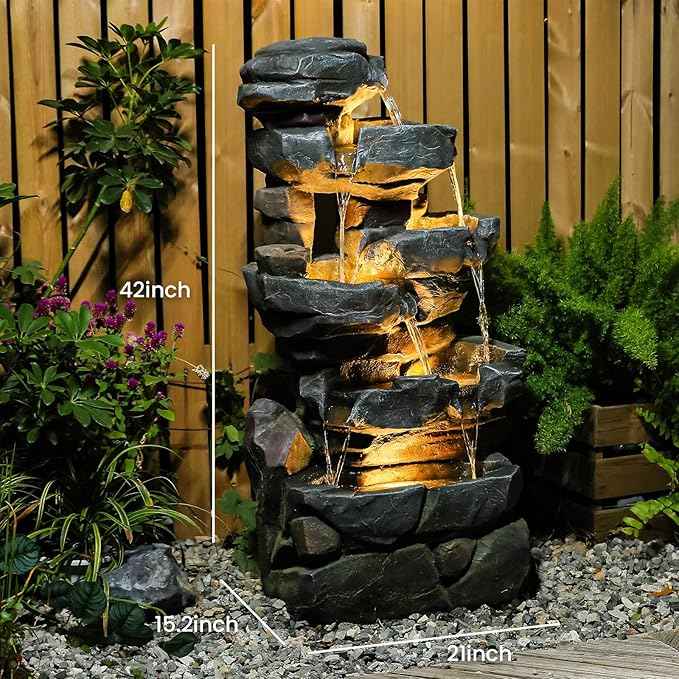 6-Tier Cascading Rock Water Fountain Outdoor Resin Stone Imitation Waterfall with LED Lights, Indoor/Outdoor Decor for Garden, Patio, Backyard, Porch and Home Art Decor