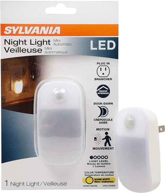 LEDVANCE Sylvania LED Mini Automatic Plug-in Night Light with Sensor, Motion Activated, Dusk to Dawn, Warm White, Plug-in Type - 1 Pack (64988)