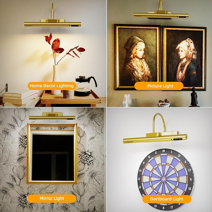 Wireless Picture Light, Battery Operated LED Painting Lights with Remote Control, Dimmable, Timer for Art Frame (Gold-13.8inch)