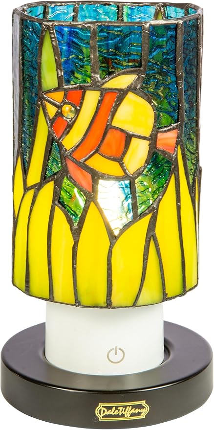 Dale Tiffany TAR24121 Royal Angelfish Uplight Tiffany Accent Lamp with Built-in Rechargeable Battery and 3-Level Brightness, Multicolor, 8.5-Inch Tall