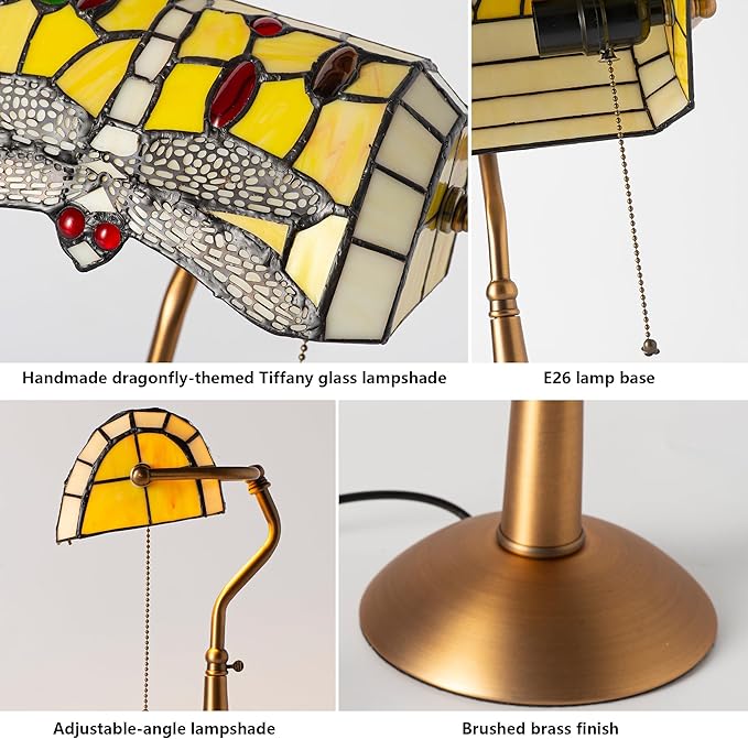 Tiffany Style Dragonfly Bankers Lamp - 18.1" Tall Stained Glass Desk Light with Adjustable Angle & Pull Chain, Vintage Handcrafted Accent Décor for Home Office Bedroom（Yellow）