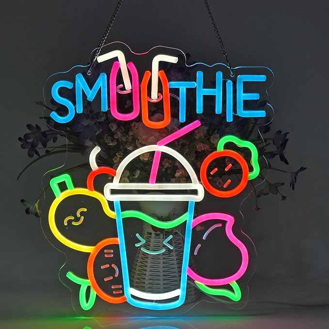 Smoothie Neon Sign, Neon Lights Hanging Wall Art Decoration for Juice Bar Restaurant Store Shop Market Food Truck Cafe Home Decor, USB Powered Ultra Bright Dimmable,15.35×12.6inches