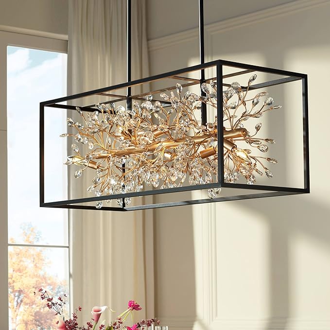 Possini Euro Design Carrine Black Painted Gold Linear Pendant Chandelier 38 1/2" Wide Modern Clear Crystal 8-Light Fixture Dining Room House Foyer Entryway Bedroom Kitchen Island Hallway Ceilings - Aura Lighting