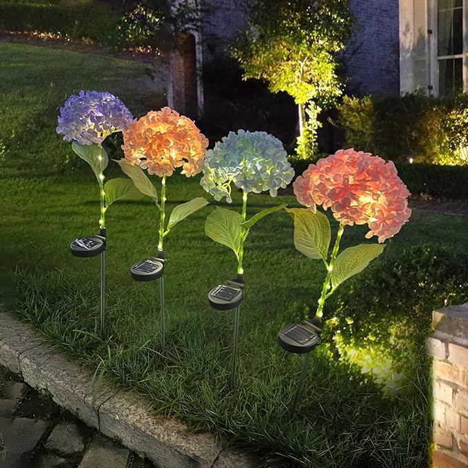 2 Piece Solar Flower Landscape Lighting, Hydrangea Stake Lamps For Garden, Waterproof And