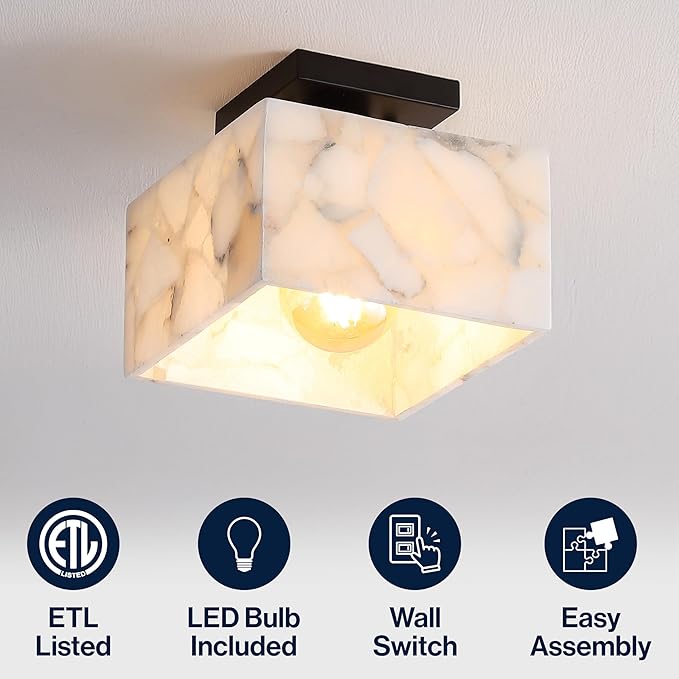 JONATHAN Y 5" White Marbling/Black Modern 1-Light Semi Flush Mount Ceiling Light for Bedroom, Cube White Alabaster Marble Shade, Mid-Century Minimalist Fixture, LED Bulb Included (JYL1203B)