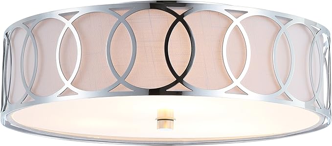 JONATHAN Y 12.25" Chrome Modern Metal LED Flush Mount Ceiling Light for Bedroom Hallway, White Linen Drum Shade with Geometric Fretwork, LED Bulbs Included (JYL3503B)