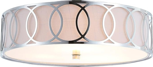 JONATHAN Y 12.25" Chrome Modern Metal LED Flush Mount Ceiling Light for Bedroom Hallway, White Linen Drum Shade with Geometric Fretwork, LED Bulbs Included (JYL3503B)