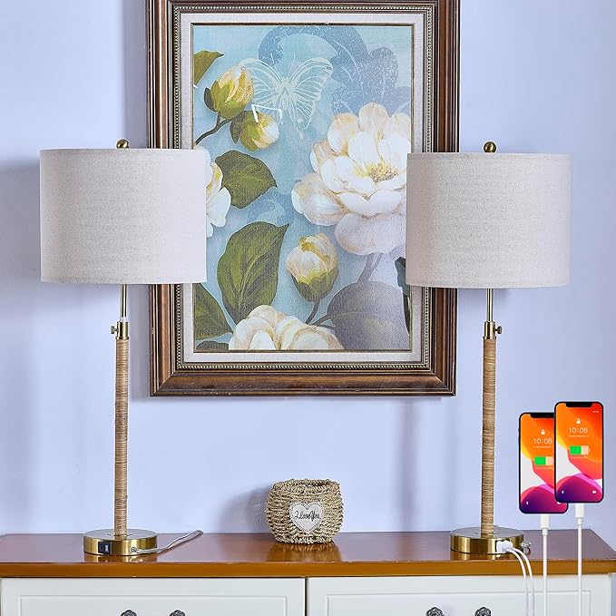 Maxax Rattan Buffet Table Lamp Set of 2 for Living Room, 26" to 33" Height Adjustable Tall Skinny Farmhouse Gold Bedside Nightstand Lamp with USB A+C Ports for Bedroom End Table