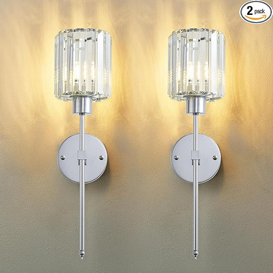 Hardwired Crystal Wall Sconces Set of Two - Dimmable Wall Light Fixtures 3000K, Warm White, for Hallway, Bathroom, Living Room, Bedroom, Chrome, 20.1 Inch - Aura Lighting