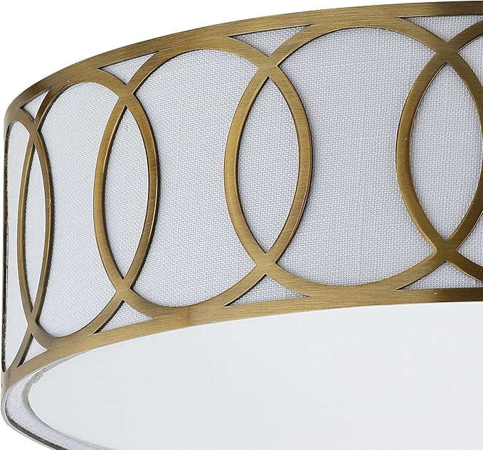 JONATHAN Y 12.25" Brass Gold Modern Metal LED Flush Mount Ceiling Light for Bedroom Hallway, White Linen Drum Shade with Geometric Fretwork, LED Bulbs Included (JYL3503A)