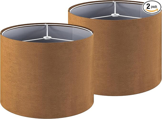 GOSO Set of 2 Medium Drum Lamp Shades Brown, Vintage Chamois Leather Cover Replacement,13 x13 x 10 (Spider) Fabric Velveteen Lamp Shade for Table Lamps and Floor Lampshades,Required Assembly