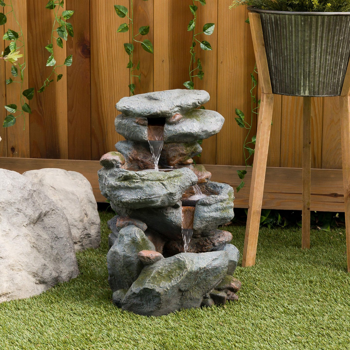 22" Tall 3 Tier Outdoor Rock Waterfall Fountain with LED Lights