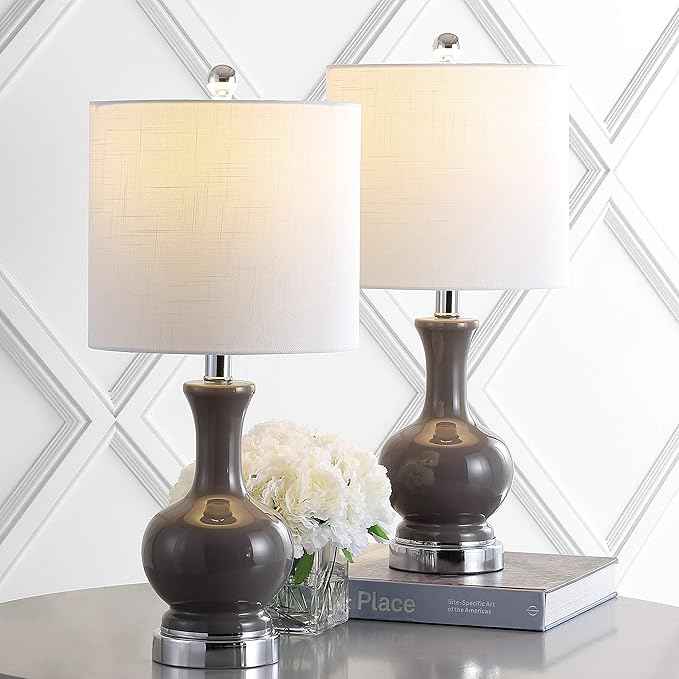 JONATHAN Y 21.5" Gray/Chrome Modern Glass Table Lamp Set of 2, Brass Gold Bedside Lamp with White Linen Shade for Bedroom Living Room, LED Bulbs Included (JYL4033B-SET2)