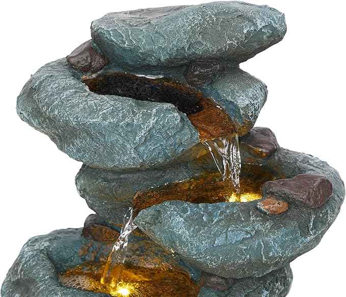 Alpine Corporation TZL418 14" 3 Tier Rock Fountain with LED Lights, Elegant Cascading Water Feature for Tabletop, Indoor Decor, Relaxing Stone Waterfall for Home & Office, Gray