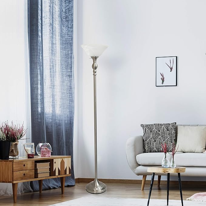 Elegant Designs LF2001-BSN 1 Light Torchiere Marbleized White Glass Shade Floor Lamp, Brushed Nickel