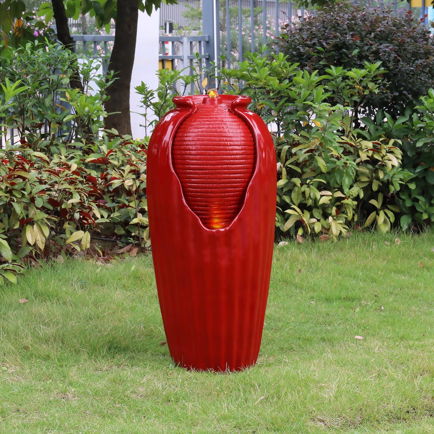 Glazed Vase Floor Freestanding Water Fountain with LED Lights and Pump for Outdoor Patio Backyard Deck Plant Garden Décor