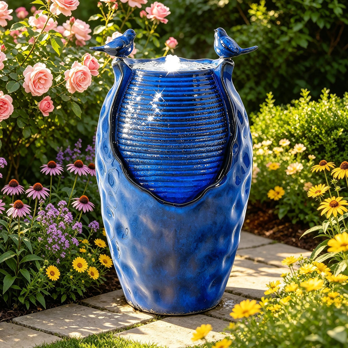 Autodaya 25" Ceramic Jar Outdoor Water Fountain with Hammered Texture
