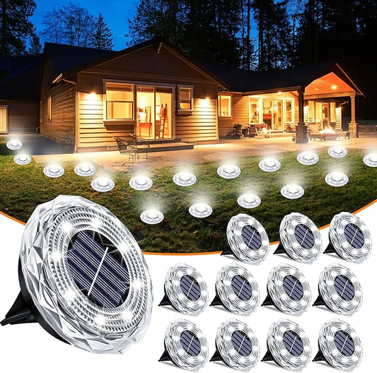 Solar Ground Lights 12 Pack Waterproof Outdoor Solar Lights for Yard Led Solar Garden Lights Bright Solar Powered Disc Light In-Ground Landscape Lighting for Patio Pathway Walkway Driveway, White