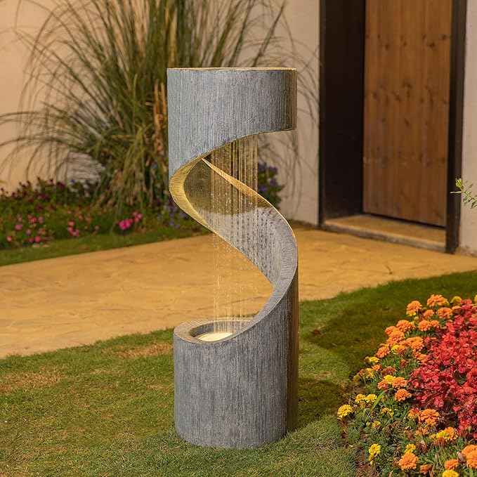 Glitzhome Outdoor Water Fountain with LED Light, Modern Spiral Tiered Outdoor Fountain with Stone Planter, Curved Freestanding Waterfall Fountains for Garden Patio Deck Porch, 40”H
