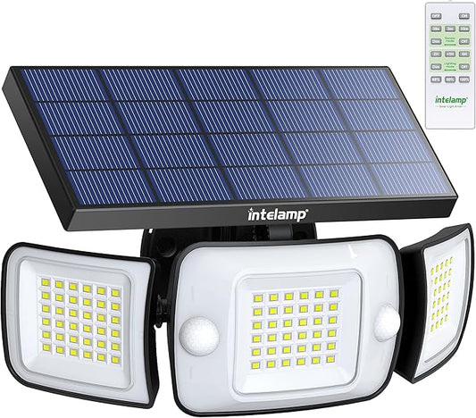 intelamp Solar Flood Lights Outdoor Waterproof, 6000mAh 1200LM Solar Powered Dual Motion Sensor LED Lighting Dusk to Dawn Security Floodlight Exterior with Remote for Outside Garden House Patio