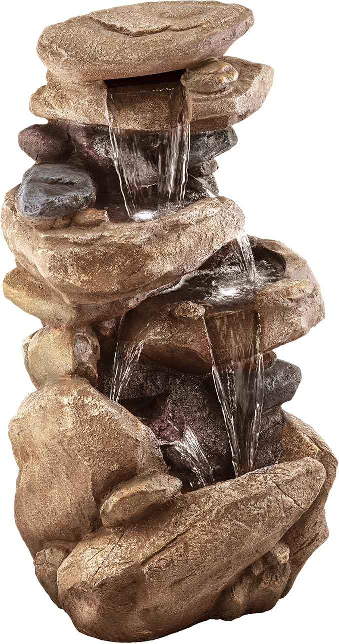 Alpine Corporation 40" Tall Floor Fountain, Tiered Rock Water Feature with Color-Changing LED & Remote, Cascading Streams for a Tranquil Garden, Patio, Yard, Deck, or Porch, Light Brown
