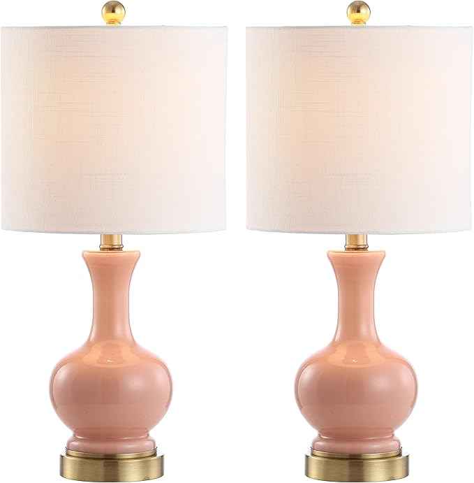 JONATHAN Y 22" Light Coral/Brass Gold Modern Glass Table Lamp Set of 2, Brass Gold Bedside Lamp with White Linen Shade for Bedroom Living Room, LED Bulbs Included (JYL4033D-SET2)