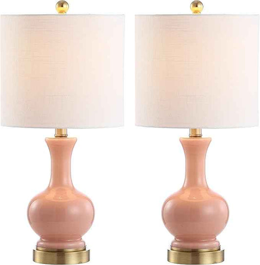 JONATHAN Y 22" Light Coral/Brass Gold Modern Glass Table Lamp Set of 2, Brass Gold Bedside Lamp with White Linen Shade for Bedroom Living Room, LED Bulbs Included (JYL4033D-SET2)