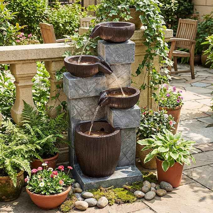 Giantex 32'' Water Fountain Outdoor, 4-Tier Cascading Bowls Waterfall Fountain with Warm LED Lights & Pump, Outside Zen Water Feature for Patio, Balcony, Deck, Garden, Yard Decor