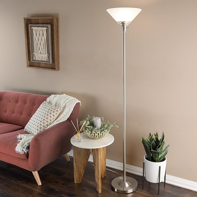 Torchiere Floor Lamp - Standing Bedroom Light with Sturdy Metal Base and Marbleized Glass Shade - LED Bulb Included by Lavish Home (Brushed Silver)