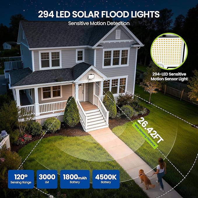 Solar Flood Lights Outdoor, 294 LED Motion Sensor Outdoor Lights, IP67 Waterproof Solar Flood Light for Outside, 3000LM Angle Adjustable Security Spot Lights for Porch Patio Yard Garage, 4 Pack 4000K