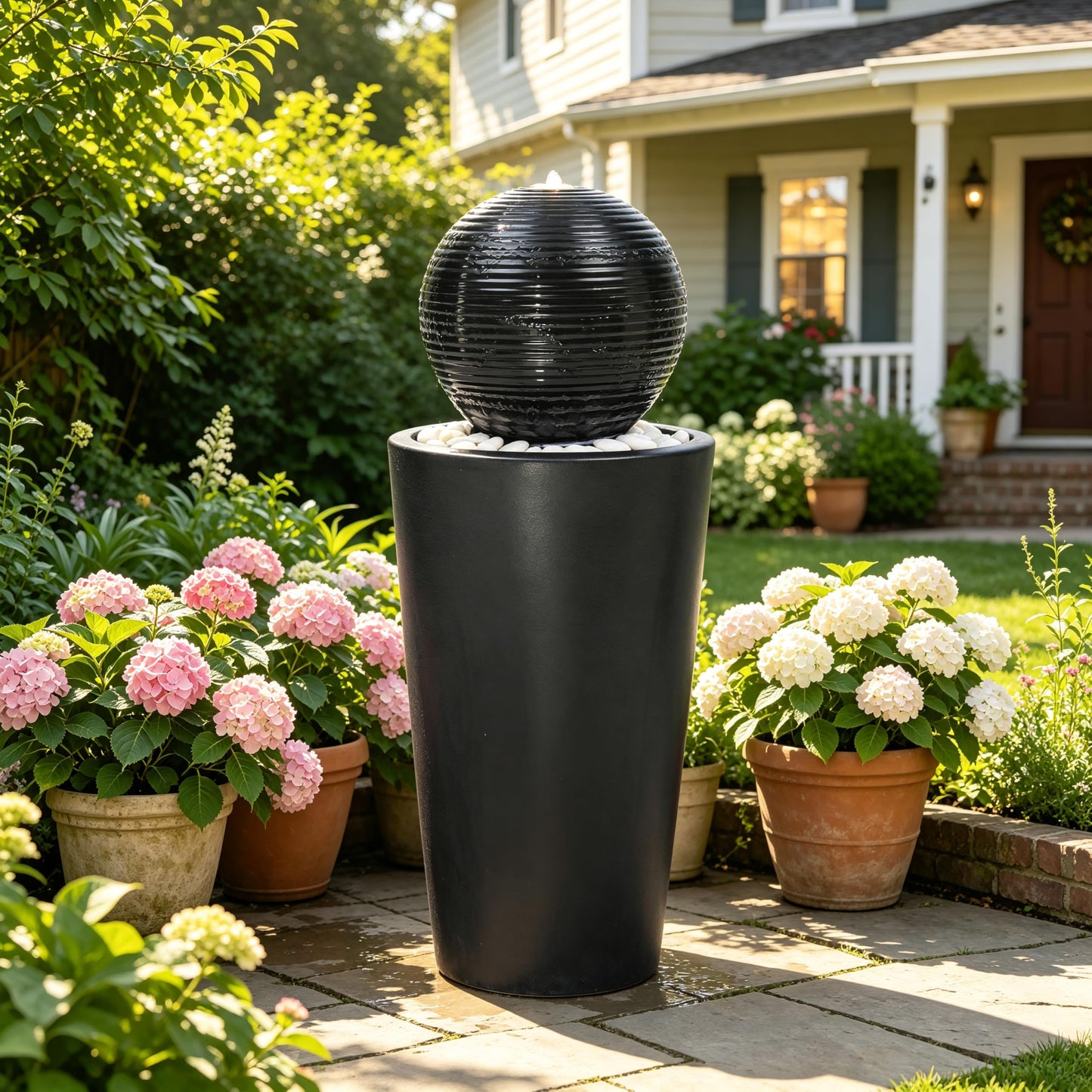 Autodaya 30"H Ceramic Sphere Water Fountain with LED Light for Garden Patio