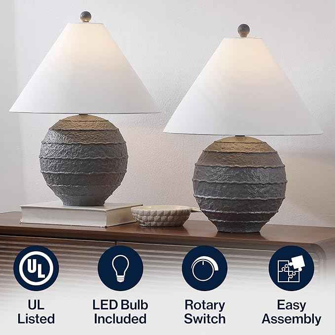 JONATHAN Y 21" Gray Coastal Cottage Textured Resin Table Lamp Set of 2, Farmhouse Ridged Nightstand Lamps for Living Room Bedroom, White Linen Shade, LED Bulbs (JYL9205B-SET2)