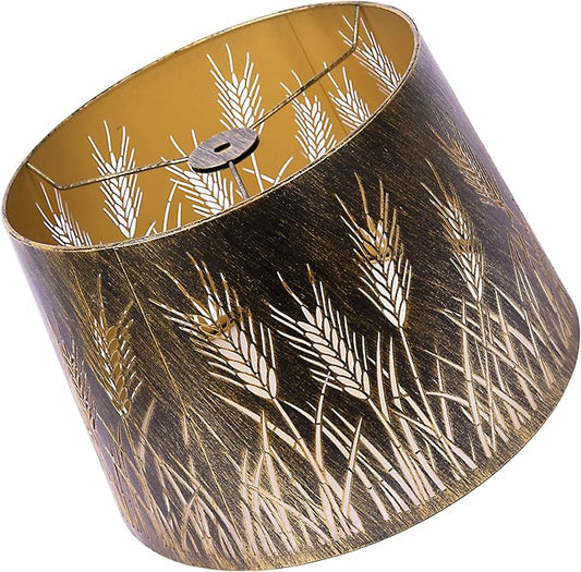 Metal Drum Lampshade, Medium Iron Lamp Shades for Table Pendant Floor Lamp, Replacement Shade 10" Top x 12" Bottom x 8" High, Spider Fitter, Etched Design Lamp Cover, Antique Color (Wheatear)