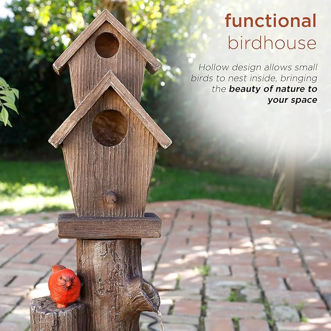 Alpine Corporation 35" Tall Outdoor 3-Tier Birdhouse Water Fountain with Cardinal Accent, Rustic Floor Decor for Garden and Patio, Brown